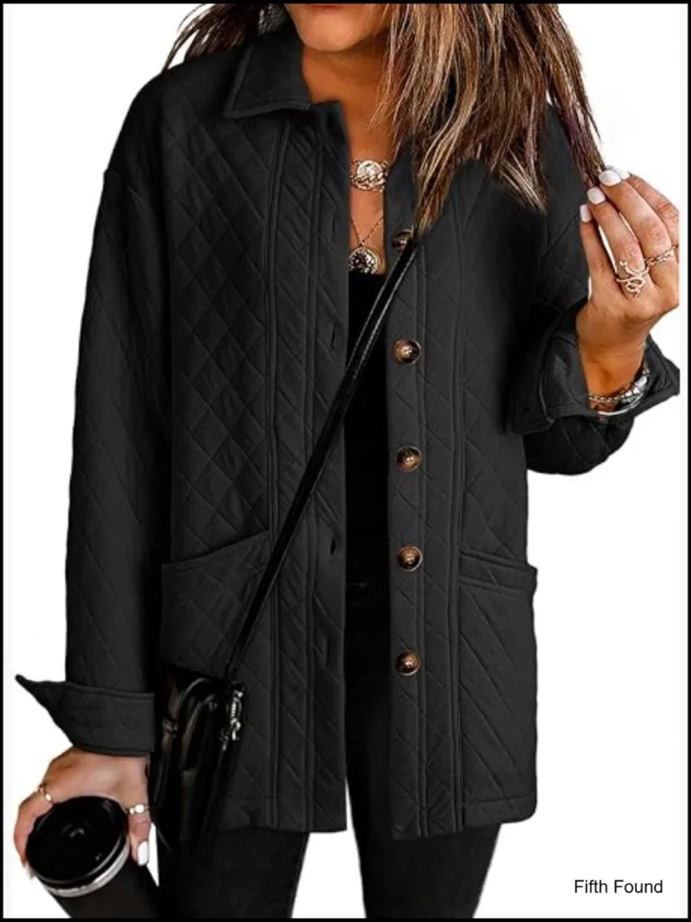 Quilted Button Down Long Sleeve Jacket with Pockets - Picture 1 of 7